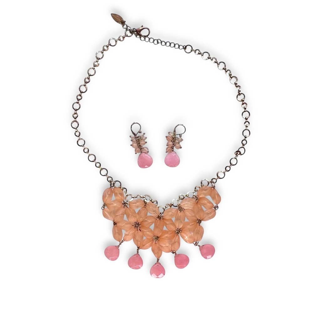 Vintage Bib Necklace Dangle Earring Set Peach Pink Gold Tone Coldwater Creek 21"